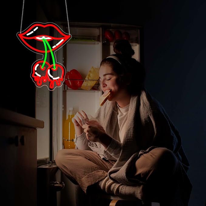 Cherry Lips Neon Sign, JGHTURIE Red Led Neon Signs for Wall Decor USB Powered Bar Lights Signs for Room Man Cave Party Art Decoration