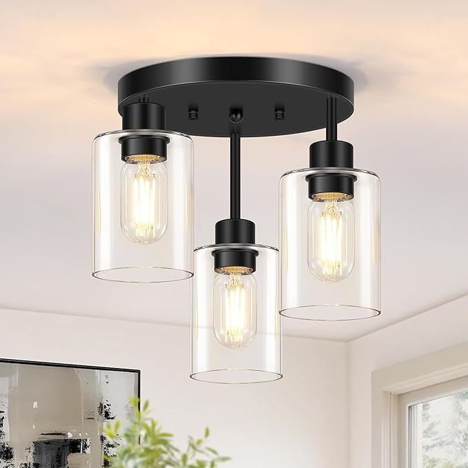 Farmhouse Flush Mount Ceiling Light, Black 3-Light Hallway Light Fixtures Ceiling with Clear Glass Shades, Light Fixtures Ceiling Mount for Kitchen Living Room Foyer, E26 Base