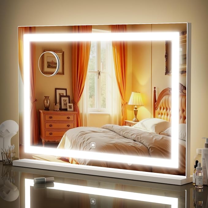 Gvnkvn Makeup Vanity Mirror with Lights 26" x 20" Large LED Makeup Mirror, Light up Mirror with 10X Magnification and USB Charging Port, Dimmable 3 Modes, Touch Screen Control Square Corner