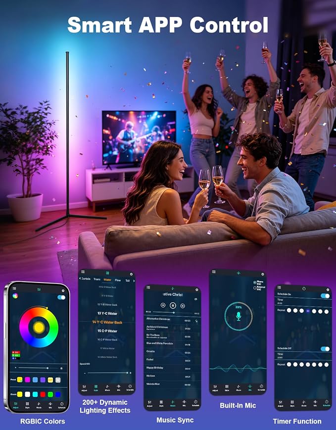 MOMSIV RGB Corner Floor Lamp | 200+ Dynamic Effects, Modern Design, Music Sync, Control By Remote & APP, for Bedroom, Living Room, Office, Gaming Room