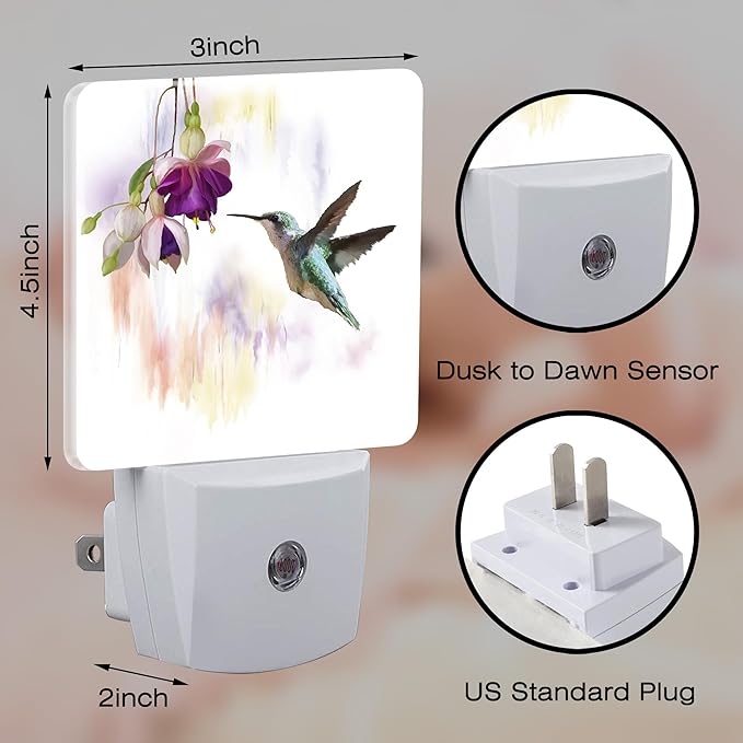 Hummingbird Flowers Night Light for Kids,Groovy Cute Bird Floral Night Light Plug in with Dusk to Dawn Sensor,0.5w Energy Saving Sleep Friendly Nightlight for Hallway Stairway Kitchen Bedroom