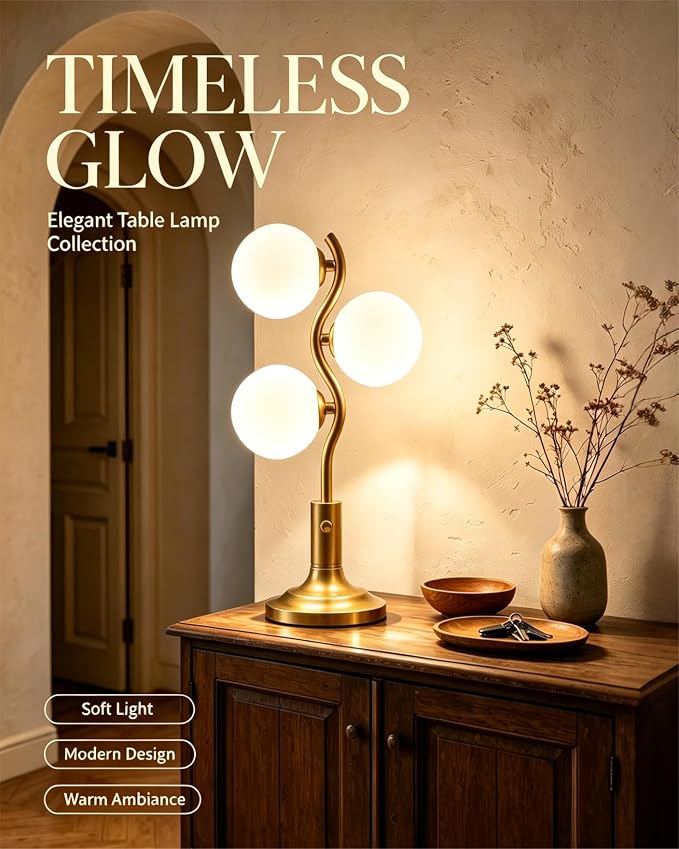 Globe Gold Table Lamp for Bedroom Gift Dimmable G9 3 Bulbs Included | Modern Round Ball Lamp Nightstand Desk Lamp Ambient Warmwhite Bedside Lamps for Living Room Dining Party Home Office Decor