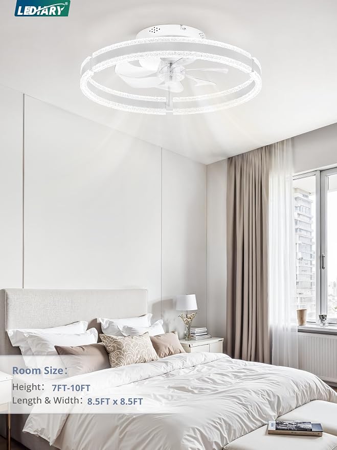 LEDIARY Ceiling Fans with Lights and Remote, 20'' Low Profile Ceiling Fan with Light, 3000-6000K Dimmable Fandelier Ceiling Fans, Modern Flush Mount Fan Light for Bedroom with 6 Wind Speeds- White | 3000-6000K Dimmable LED, 6 Wind Speeds, Quiet Reversi...