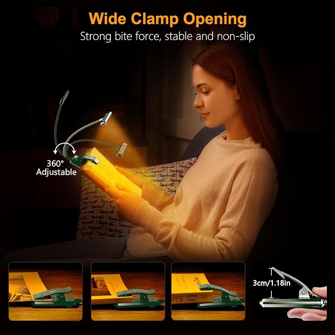 Gritin 19 LED Rechargeable Book Light for Reading in Bed | Eye Caring 3 Color Temps,Stepless Dimming Brightness,Memory Function,90 Hrs Runtime Lightweight Clip on Light-Dark Green