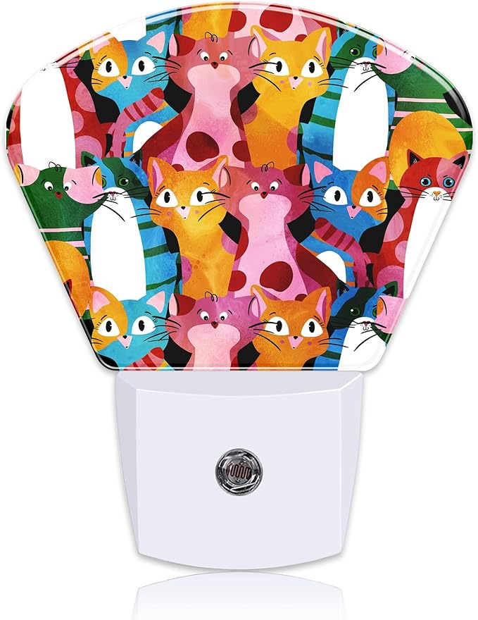 Watercolor Colorful Comic Cat Night Light for Kids Girls Boys, Cute Cat LED Night Light Plug into Wall with Dusk to Dawn Sensor for Bedroom, Hallway, Kitchen, Bathroom, Stairs Decor
