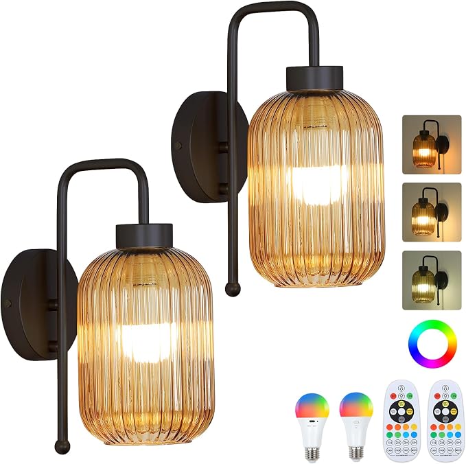 LAMSU Black Battery Operated Wall Sconces Set of 2, Rechargeable Wireless Wall Lights with Amber Stripe Glass Shade, Remote and Bulb, Vintage Cordless Sconce Wall Decor for Bedroom Living Room