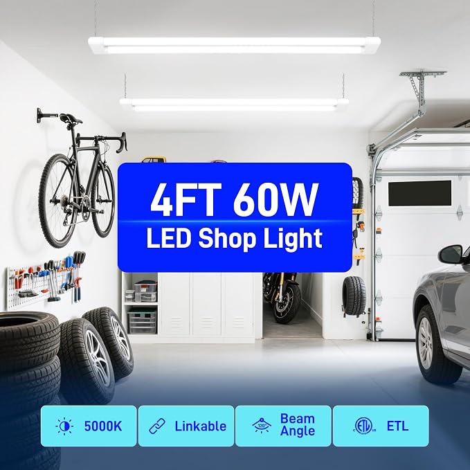 hykolity 4FT 60W LED Shop Light,6500LM[450W Equivalent] 5000K Daylight | Plug-in Utility Linkable Shop Lights for Garage Workshop Warehouse Basement, Ceiling Hanging or Surface,White,4 Pack
