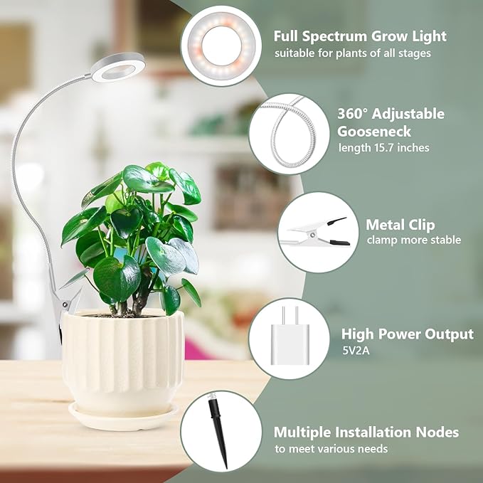 Plant Light Clip on, White 2 Pack, 96 LED Full Spectrum, Use Desk | Grow Lamp for Indoor Plants Growing, 6/12/16H Auto Timer, 5 Dimming, 3 Light Modes, 2 Installation Options Clip or Plug