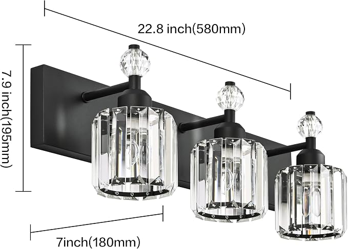 PRESDE Crystal 3 Light Bathroom Vanity Lights Modern Matte Black Bathroom Lights Fixtures Over Mirror Wall Lamp for Bath Bedroom Hallway