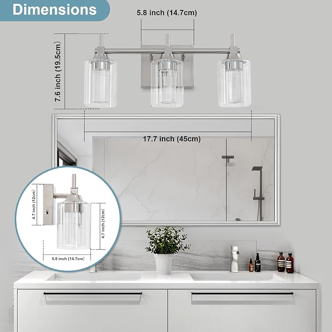 Vanity Light with 3 Color Modes (3000K/4000K/6000K), Eye Protection LED Bathroom Light Fixture, Dimmable Modern Wall Light Over Mirror with Clear Glass Shade (Brushed Nickel, 3-Light)