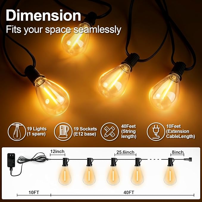 50(40+10)FT Outdoor String Lights, 15m Waterproof Remote LED Patio Lights with 19+1 S11 Bulbs 10FT Extension Cable, Dimmable Outside Hanging Lights for House, Porch,Yard,Garden,Bistro, Gazebo lighting