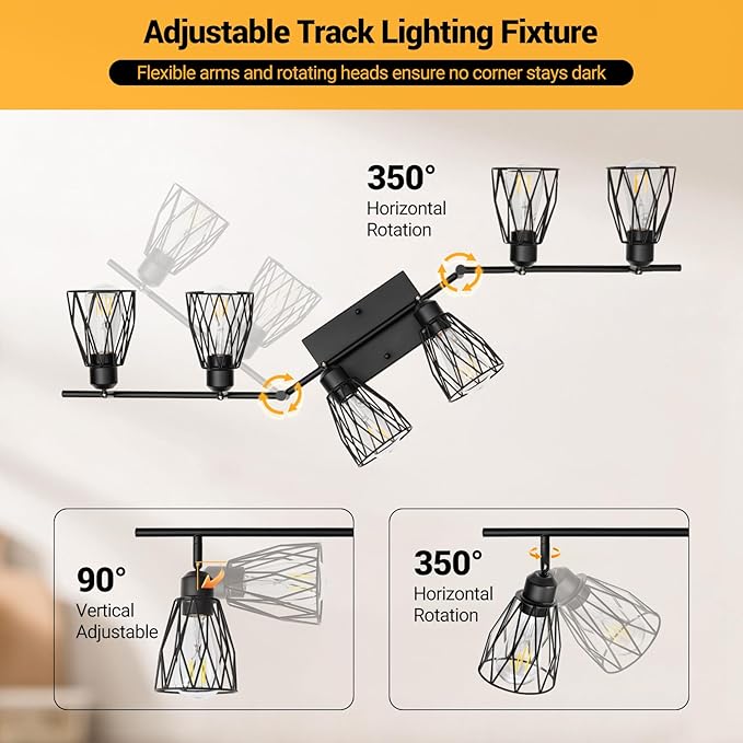 6-Light Plug in Track Lighting with Power Cord, Black (No Bulbs) | Plug in Ceiling Light Flush Mount, LED Track Lighting Fixtures for Kitchen Farmhouse, E26 Track Light Kit with Metal Cage