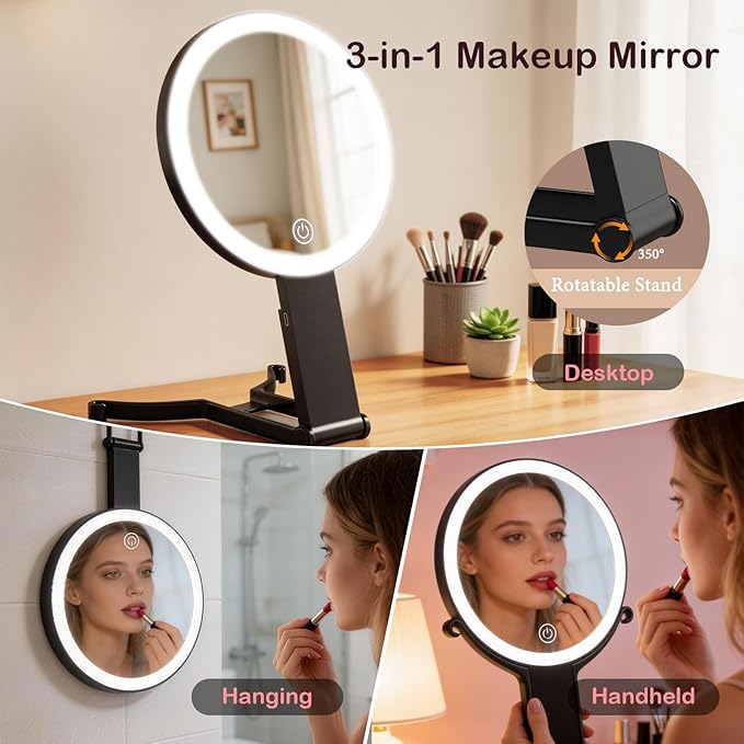 Makeup Mirror with Lights, 30X/1X Double Sided Magnifying Makeup Mirror with 3 Color Lighting and Adjustable Brightness, Portable hand mirrors with handle for Desktop Travel Use (1x/30x- Black)