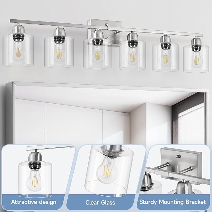 Modern Brushed Nickel 6 Light Bathroom Light Fixtures,38 inch Vanity Lights for Bathroom with Clear Glass, Vanity Light for Mirror Kitchen Living Room Hallway Cabinet Porch