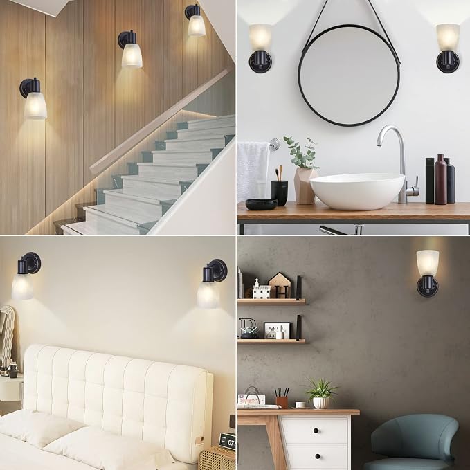 Wall Sconces Set of 2, Matte Black Vanity Lights for Bathroom, Modern Wall Light Fixtures with Rotary Switch, Wall Mount Light with Frosted Glass, Farmhouse Lamp for Bedroom Mirror Living Room