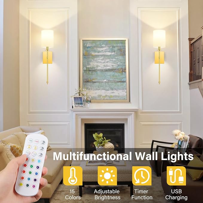 Battery Operated Wall Sconces Set of 2, Rechargeable Sconces with Remote | Gold Wall Lights with White Fabric Shade, Dimmable Wireless Wall Lamp with RGBWW Bulbs for Bedroom Living Room Hallway Decor