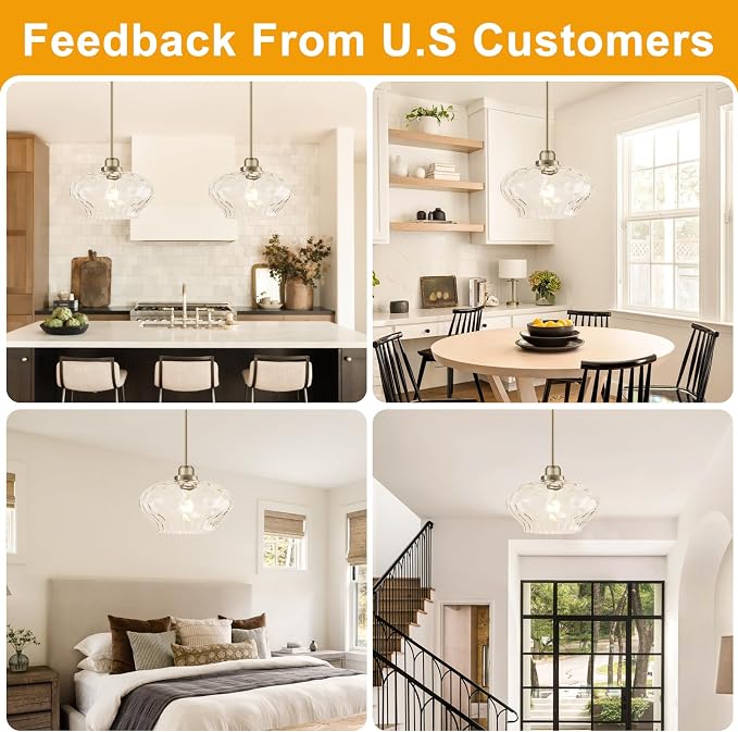 Modern Pendant Lights Kitchen Island, Brushed Nickel Pendant Light Fixtures with 11" Clear Hammered Glass Shade, Industrial Hanging Pendant Lights Fixture for Kitchen Island Dining Room Hallway Foyer