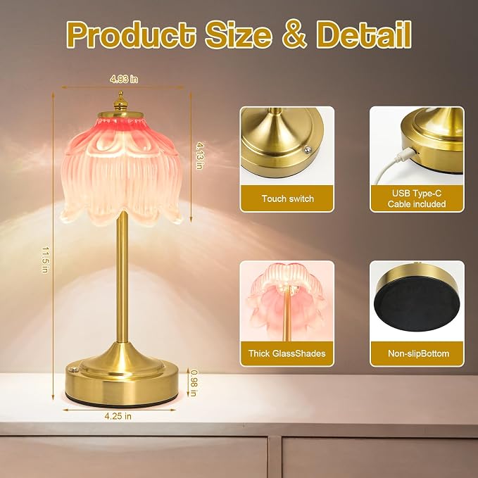 Cordless Table Lamp, Rechargeable Blush Pink Glass Lotus Flower Lamp | 5200mAh touch lamp with 3 color modes and stepless dimming, battery operated lamp for nightstands and kitchen counters