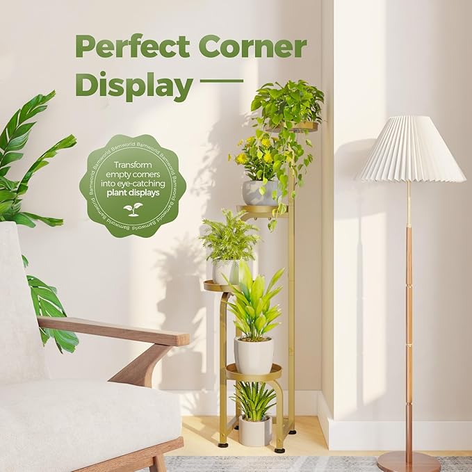 Bamworld Corner Plant Stand Indoor Outdoor Tall Metal Flower Pot Stands | 4 Tier Gold Heavy Duty Plant Shelf for Patio Garden Balcony Living Room Bedroom(Patent Design)