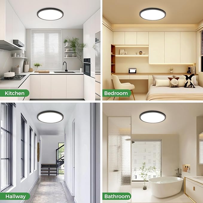 zemty 4Pack LED Flush Mount Ceiling Light, 9Inch 18W Dimmable Ceiling Lights Fixture, 5 Color Temperatures (3000K-6500K) Black Round Ceiling Lamp for Bedroom, Kitchen, Hallway,Bathroom