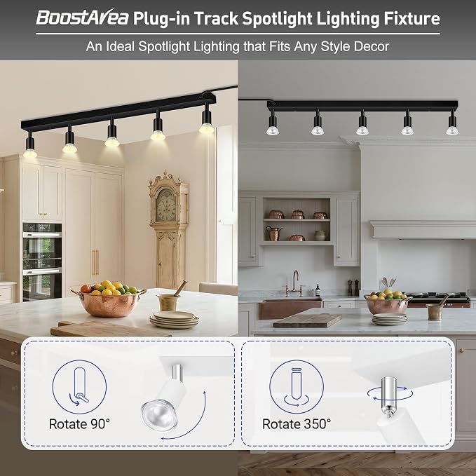 Plug in Track Light,30"Track Ceiling Lighting Fixtures,Black 5 Way GU10 Wall Spotlight, Rotatable Track Head,LED Wall Light for Kitchen Cabinet Gallery Bar Hallway Living Room,Rocker Switch,15 FT Cord