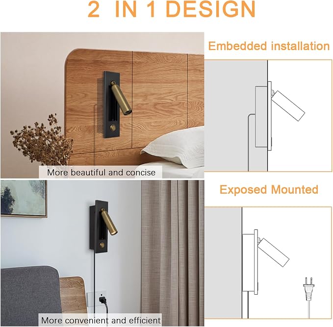 Set of 2 Led Headboard Wall Light, 350°Rotation Portable Plug in Wall Sconce Hardwired, Bedside Reading Light Recessed Push Switch, Hotel Bed Side Decor Wall Sconces Spotlight (Brushed Brass)