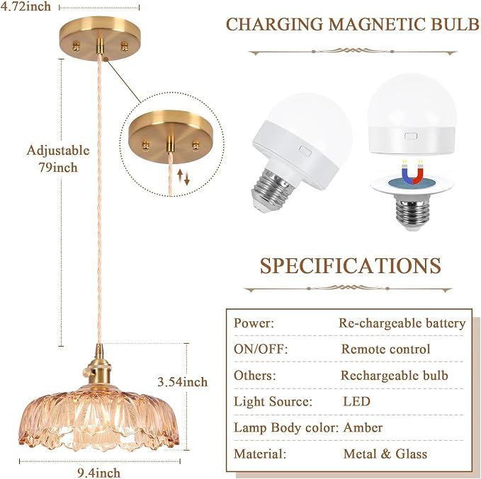 Battery Operated Pendant Light,Vintage Light Fixtures 2500mAh 9.4in RGB Light Bulb Amber Modern Chandelier with Remote Control Wireless Adjustable Rechargeable Chandelier for Kitchen Island 2 Pack
