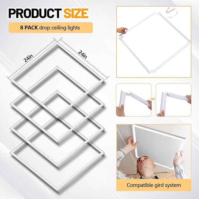 VIHOSE 8 Pcs 2x2 ft Edge-lit Frame LED Flat Panel Lights Grid Drop Ceiling Lights with 3000K/4000K/6500K Selectable 110-265v for Offices Shops Bathrooms with Integrated Ceilings