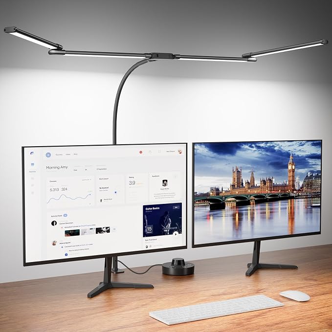 Desk Lamp Clamp Light 24W, Ultra Wide 4 Head Bars, 5 Color Modes Dimming, Multi-Screen Setup for Office, Architect, Black, Aluminum, Adapter Included