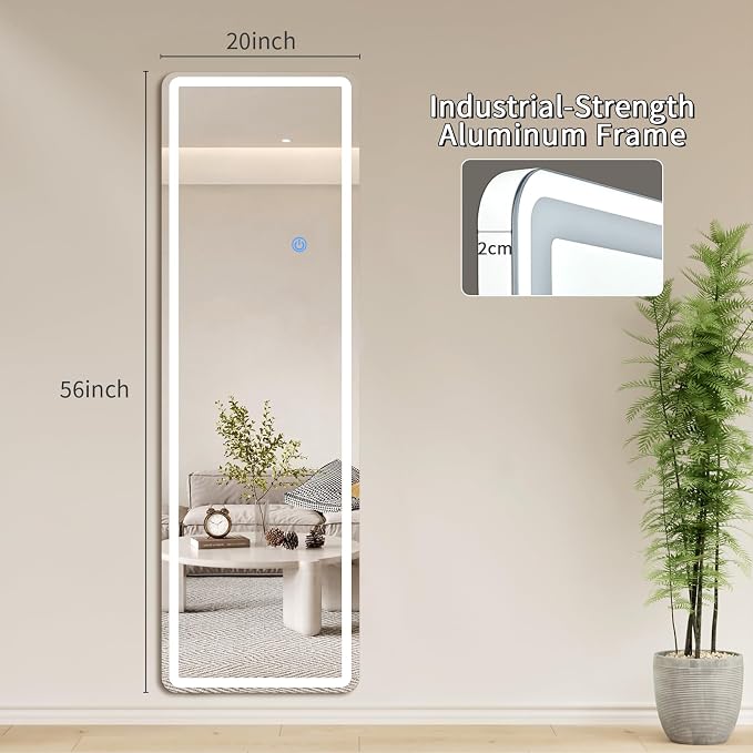Koonmi LED Full Length Mirror, 56"x20" Full Length Mirror with Lights, Lighted Floor Mirrors with Stand, Full Body Mirrors with Dimming & 3 Color Lightingfor Living Room Cloakroom, White