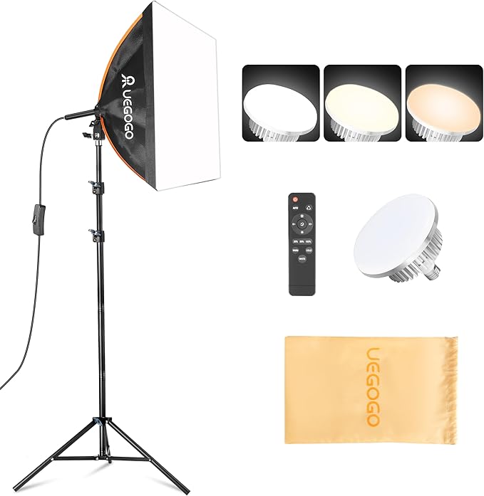 UEGOGO Softbox Photography Lighting Kit，UL Certified 85W 3000-7500K LED Bulbs, 16'' x 16'' Professional Soft Box, Studio Lights for Photography/Live Streaming/Video Recording