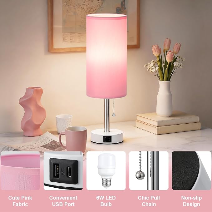 Dicoool Pink Bedside Table Lamp for Girls Bedroom - USB A+C Charging Ports | 3 Color Temperatures, USB A+C Port, Bulb Included, Pink Fabric Shade, Matte White Metal Base, 14" Desk Lamp for Kids Dorm