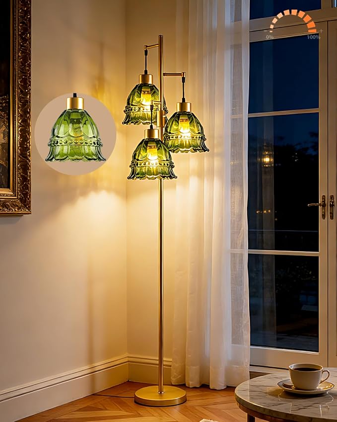 Lightdot 3-Lights Green Glass Floor Lamp Dimmable Gold Floor Lamp with Glass Shade 3000K Bulbs Included Unique Modern Standing Tall Lamp with 5Lbs Heavy Base for Living Room/Bedroom/Sofa Beside