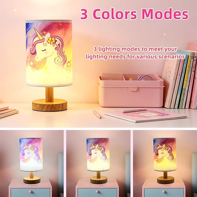 Unicorn Kids Bedside Table Lamp for Girls Bedroom 3 Color Dimmable Eye Caring LED Nightstand Lamp,Kids Night Light with LED Bulb,Cute Unicorn Room Decor Desk Lamp,Perfect Birthday Gifts for Girls