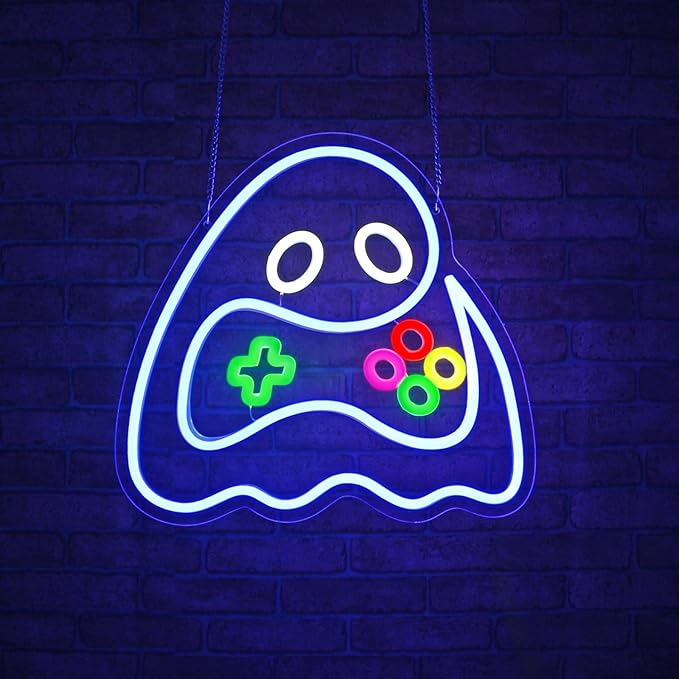 Ghost Neon Sign, JGHTURIE Gamer Neon Signs for Wall Decor Gaming Light Up Blue Led Sign USB Powered Game Room, Man Cave Decor