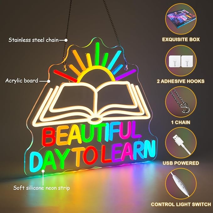 Beautiful Day Neon Sign To Learn Study Neon Signs for Classroom Wall Decor Rainbow LED Lights Up Classroom Bedroom in Reading Corner Decor Library LED Sign Study Office Gifts for Teens