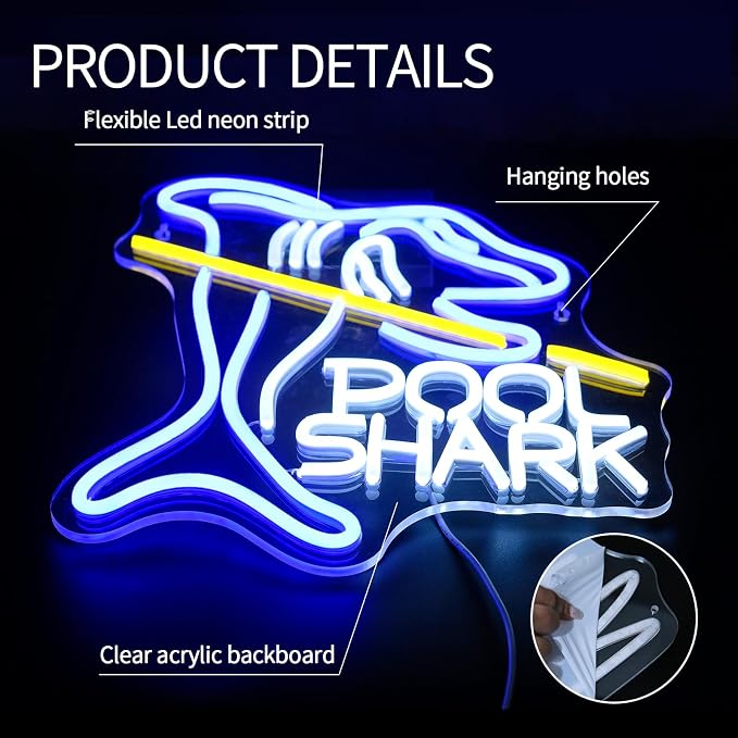 Pool Shark Neon Sign for Wall Decor Dimmable Led Lights Signs Billiards LED Signs for Game Room Shark Neon Light Room Decor for Bar Pub Club Man Cave Decoration Boys Gift