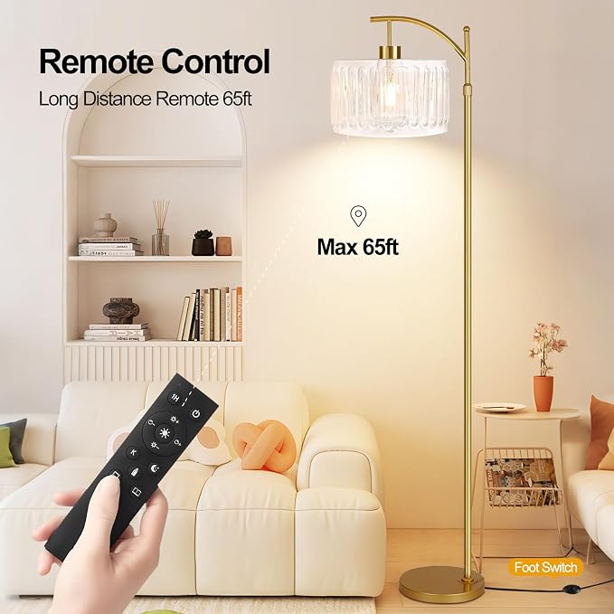 ILLMTW Glass Floor Lamp for Living Room,Bedroom,Gold Dimmable Standing Lamp with Remote,Brass White Tall Lamp Boho Mid Century Modern Floor Lamps Arc Floor Light Lamp Bohemian