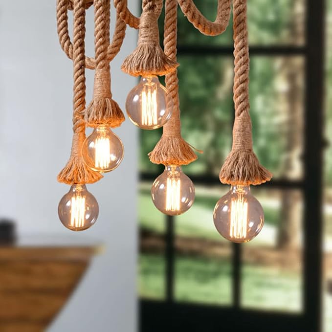 2 Pack Hemp Rope Pendant Light Kit - 3.7ft Vintage Farmhouse Hanging Cord with E26/E27 Socket, Adjustable Single Head Ceiling Light for Kitchen Island, Cafe, Bar, Tea House & Industrial Decor
