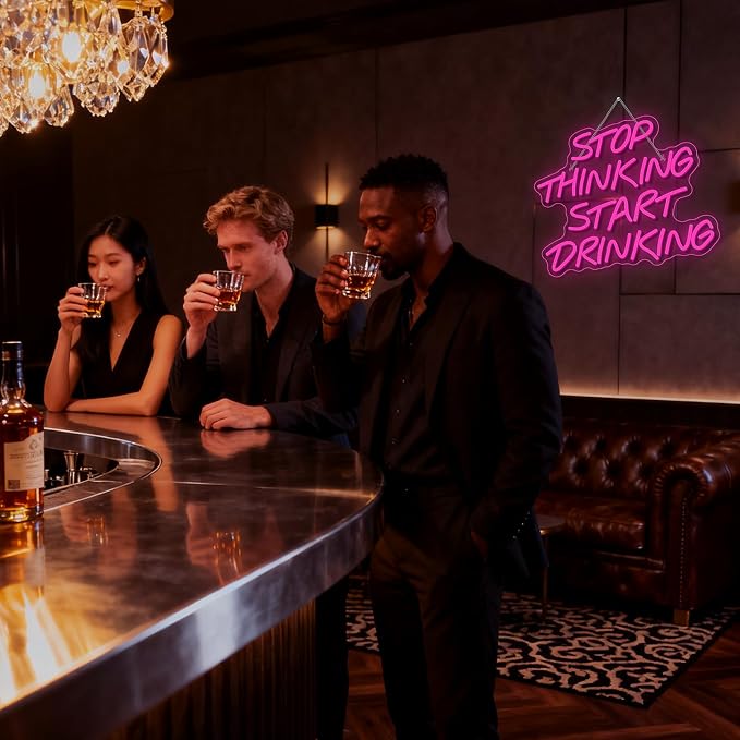 Stop Thinking Start Drinking Neon Sign Pink Led Neon Signs Letter Neon Lights Neon Bar Signs for Wall Decor USB Light Up Sign Neon for Home Bar Man Cave Party Club Restaurant