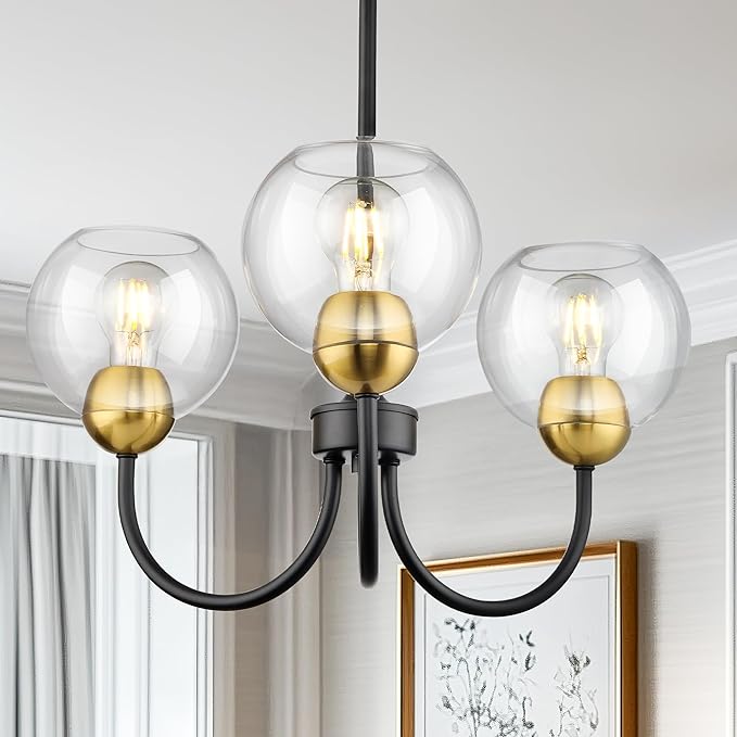 Emak 3-Light Black and Gold Dining Room Chandeliers, Modern Pendant Lights with Globe Glass Shade, Farmhouse 20 Inch Chandelier for Living Room, Entryway, Bathroom, Bedroom, Kitchen, CH114-BKBGD-CG-3