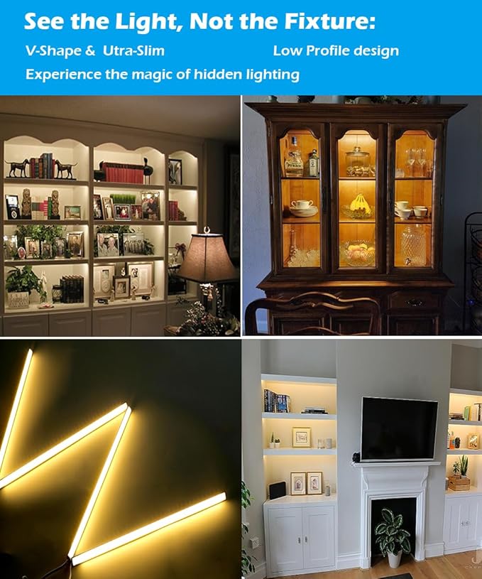V-Shape Under Cabinet Lighting Kit - 4pcs 12" Dimmable Slim LED Light Bars for Showcase Shelf Seamless Illumination - 1200lm, 12W - Warm White 3000K