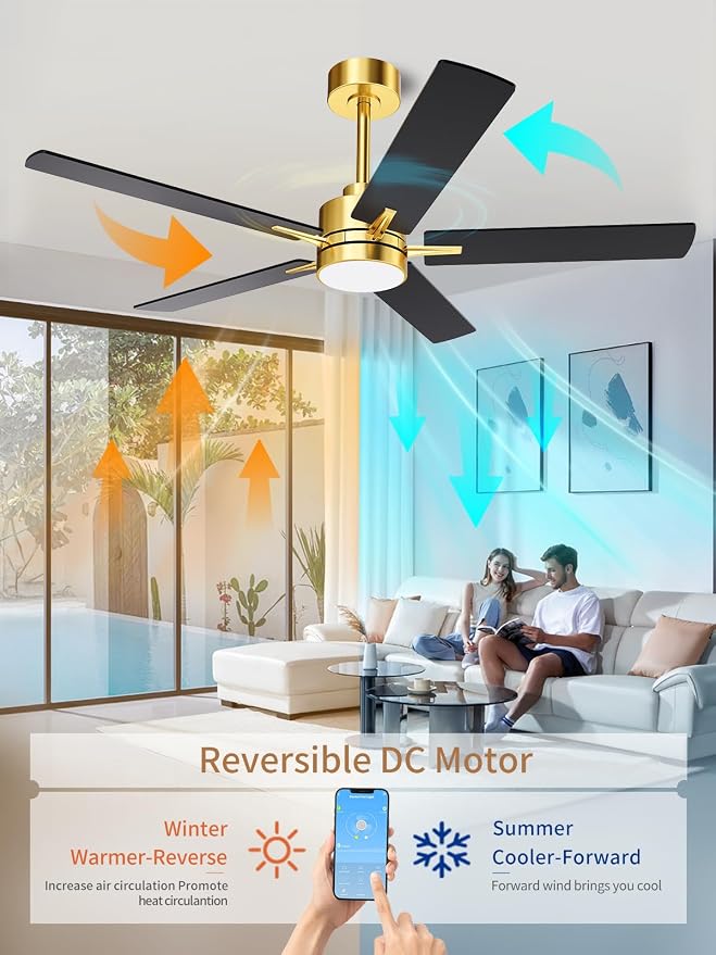 LANMEL Metal Ceiling Fan with Lights and Remote, 52 Inch, Gold & Black | Modern Low Profile Flush Mount, Reversible, 3CCT Dimmable, Quiet, LED, For Bedroom, Living Room, Indoor/Outdoor Patio Use