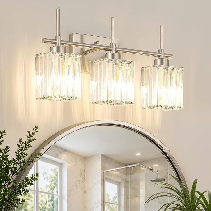Torondo Modern Crystal Bathroom Vanity Light 3-Light Brushed Nickel Bathroom Light Fixtures Over Mirror Vanity Lighting Fixtures Square Shade Wall Sconce (Bulbs Not Include)