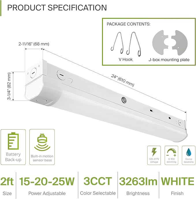 ASD 2ft LED Linear Strip Light Fixture with Emergency Battery Backup & Q-Base | 15W-25W 120-277V 3000K-5000K Adjustable Linkable LED Shop Light | UL DLC Stairwell Certified Luminaire, 9 Pack