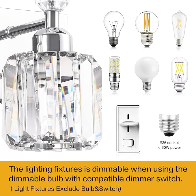 PRESDE Single Crystal Wall Sconce, Modern Chrome Vanity Light Fixture, 1-Light Wall Lamp for Bathroom Bedroom Hallway