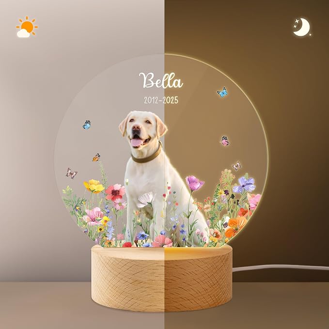 Personalized Dog Memorial LED Night Light with Wooden Base, Custom Photo and Name Pet Memorial Gift for Loss of Pet