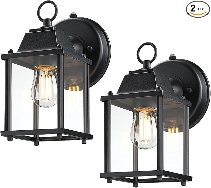 Outdoor Wall Light Fixture, Rustproof Aluminum, Clear Glass | Dusk to Dawn Exterior Porch Light Wall Sconce Lantern for House, Patio, Garage, Waterproof, E26 Socket 60W Max, Black, 2 Pack