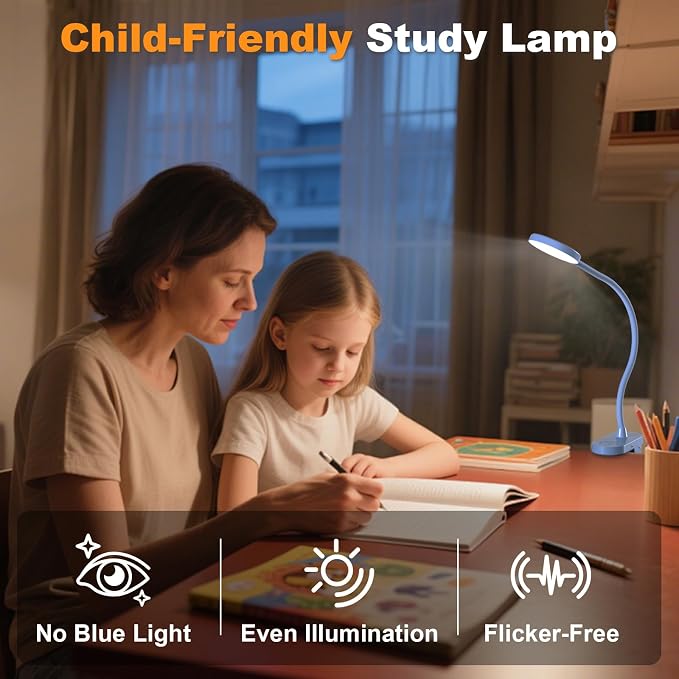 Cordless Clip on Reading Light, Rechargeable LED Book Lamp for Kids, Flexible and Dimmable Clamp Light with 3 Color Modes & 10 Brightness for Students Dorm Room Desk Bunk Bed Headboard (Blue/3.5'') | 10 Brightness Levels, Clamp Lamp with USB-C, 15.8'' ...