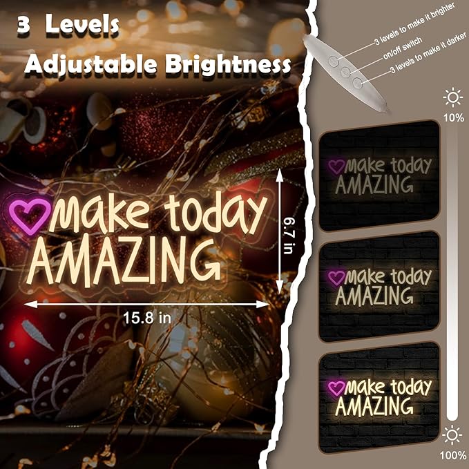 Make today Amazing neon sign, suitable for classroom wall decoration, back-to-school season, graduation season, student gifts. Dimmable, USB powered, pink heart-shaped inspirational neon light.